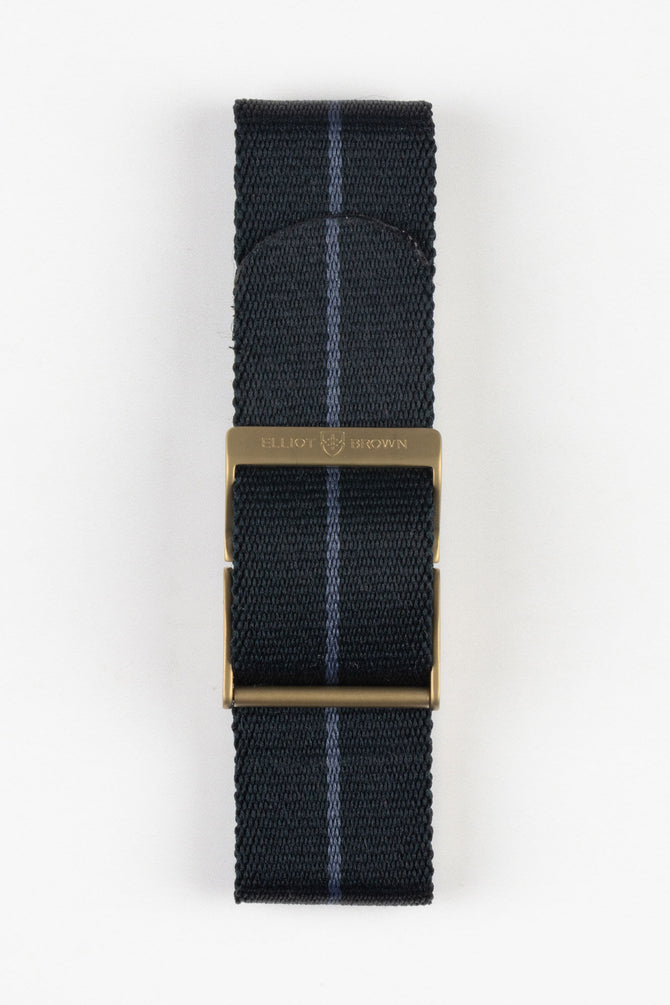 ELLIOT BROWN Webbing Watch Strap in BLACK with BLUE Stripe and BRONZE PVD Buckle