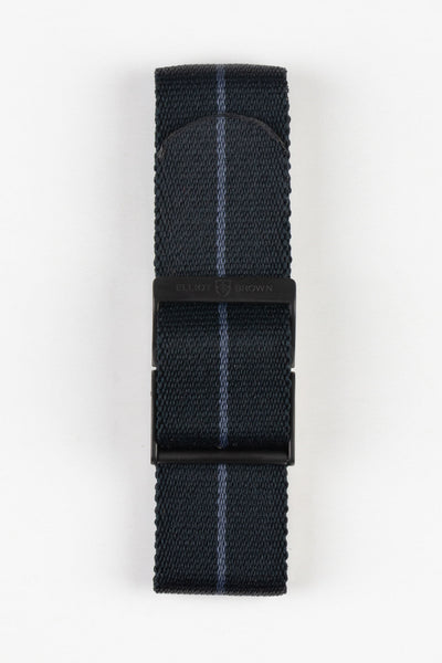 ELLIOT BROWN Webbing Watch Strap in BLACK with BLUE Stripe and GUNMETAL PVD Buckle