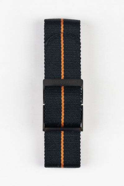 ELLIOT BROWN Webbing Watch Strap in BLACK with BURNT ORANGE Stripe and GUNMETAL PVD Buckle