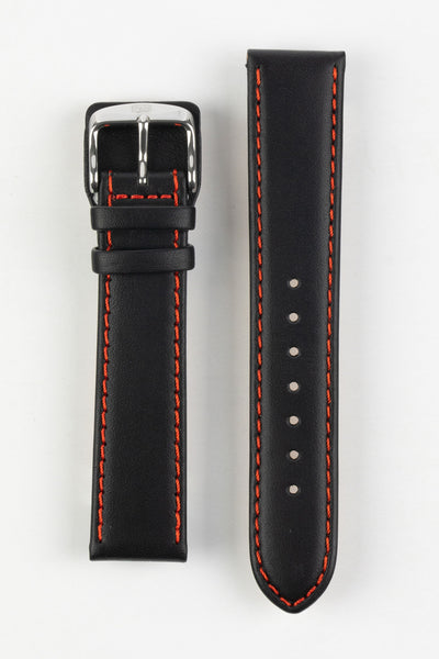 Upperside of Di-Modell Denver Calf Leather Watch strap with polished silver buckle in black with red stitch