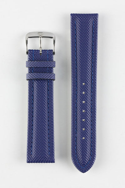 Upperside of Di-Modell Traveller PU Nylon Waterproof Watch Strap with polished stainless steel embossed buckle in blue