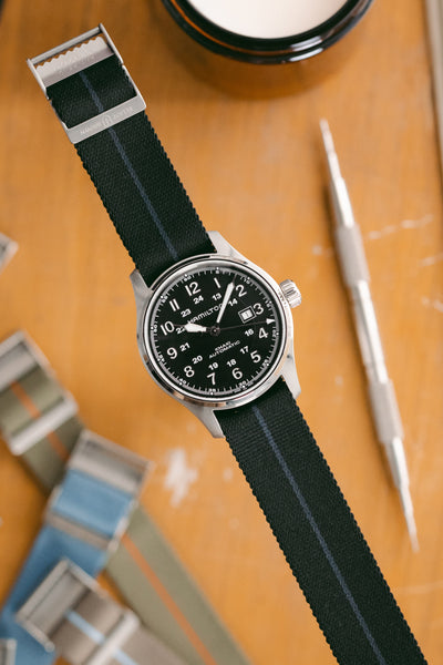 HAMILTON H70625533 Khaki Field Auto 44mm Watch - Black Dial fitted with Elliot Brown Webbing strap in black with blue stripe