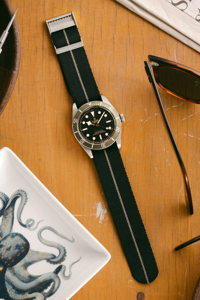 TUDOR Black Bay GMT 41mm - Harrods Green fitted with Elliot Brown Webbing Strap in back with desert grey dtripe