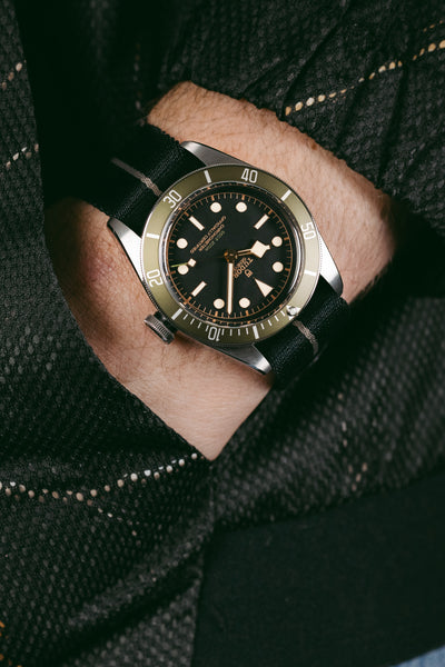 TUDOR Black Bay GMT 41mm - Harrods Green fitted with elliot brown weebing strap in blac with desert grey stripe
