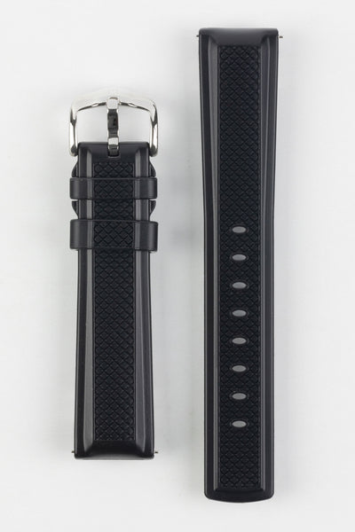 Hirsch Accent Rubber Watch Strap in Black with logo embossed buckle.