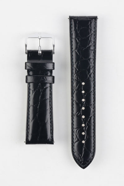 Hirsch CROCOGRAIN Crocodile Embossed Leather Watch Strap in BLACK