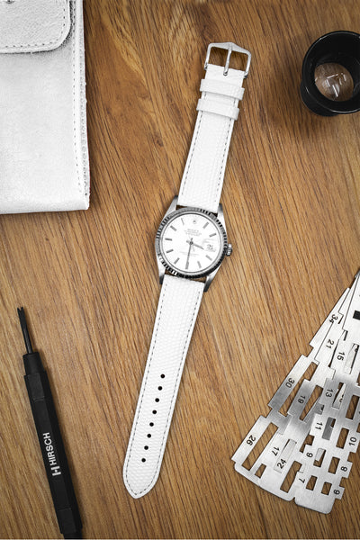 Hirsch Rainbow Lizard-Embossed Leather Watch Strap in White (Promo Photo)
