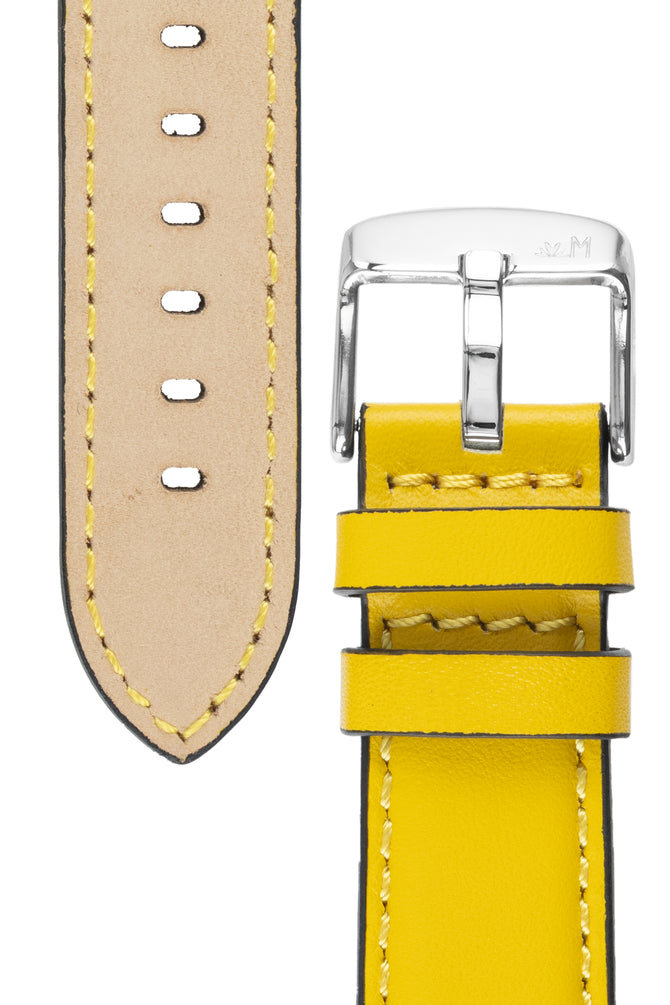 yellow watch strap with silver buckle