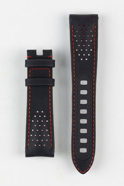 Image Showing Topside of Omega Leather Watch Strap in Black, the strap is perforated for breathability and comfort, inside the perforation and the stitching is red. The Product Code is CVZ013918.