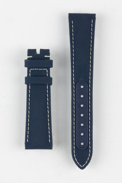 Image Showing Topside of Omega Nylon Fabric Watch Strap in Blue, the strap has a patch over the tang holes for strength and durability, and had contrasting white stitching. The Product Code is CWZ014510.