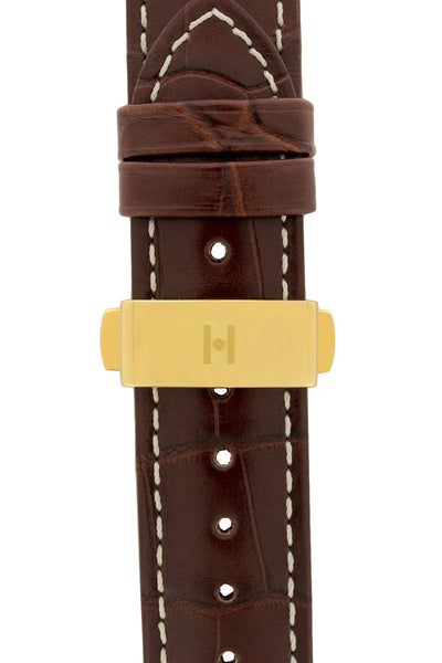 Hirsch Pusher Push-Button Deployment Clasp in Gold Stainless Steel (Mounted on Brown Alligator-Embossed Watch Strap)