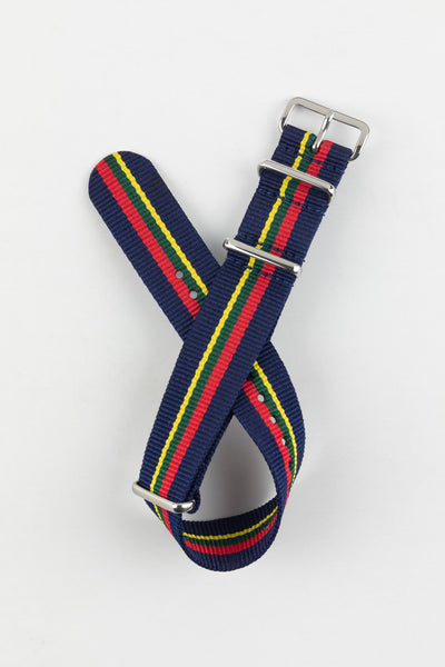 One-Piece Watch Strap in BLUE / RED / GREEN / YELLOW Stripes with Polished Buckle & Keepers