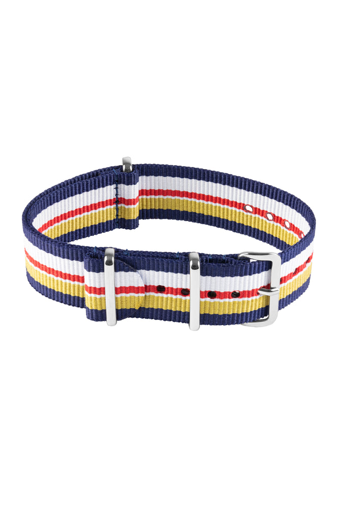 One-Piece Watch Strap in BLUE / WHITE / RED / YELLOW Motorsport Stripes with Polished Buckle & Keepers