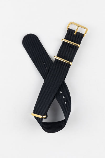 One-Piece Watch Strap in BLACK with Gold Buckle and Keepers
