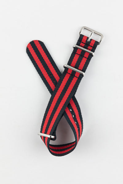 One-Piece Watch Strap in BLACK / RED Stripes with Polished Buckle & Keepers