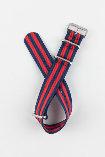 One-Piece Watch Strap in BLUE / RED Stripes with Polished Buckle & Keepers