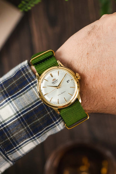 One-Piece Watch Strap in GREEN with Gold Buckle and Keepers