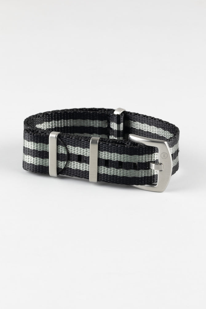Seatbelt One-Piece Nylon Watch Strap in BLACK & GREY Stripes with BRUSHED STEEL Hardware