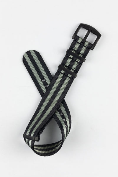 Seatbelt One-Piece Nylon Watch Strap in BLACK & GREY Stripes with BLACK PVD Hardware